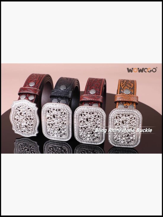 Western Genuine Leather Belt Tooled Floral Embossed Scrollwork Rhinestone Buckle